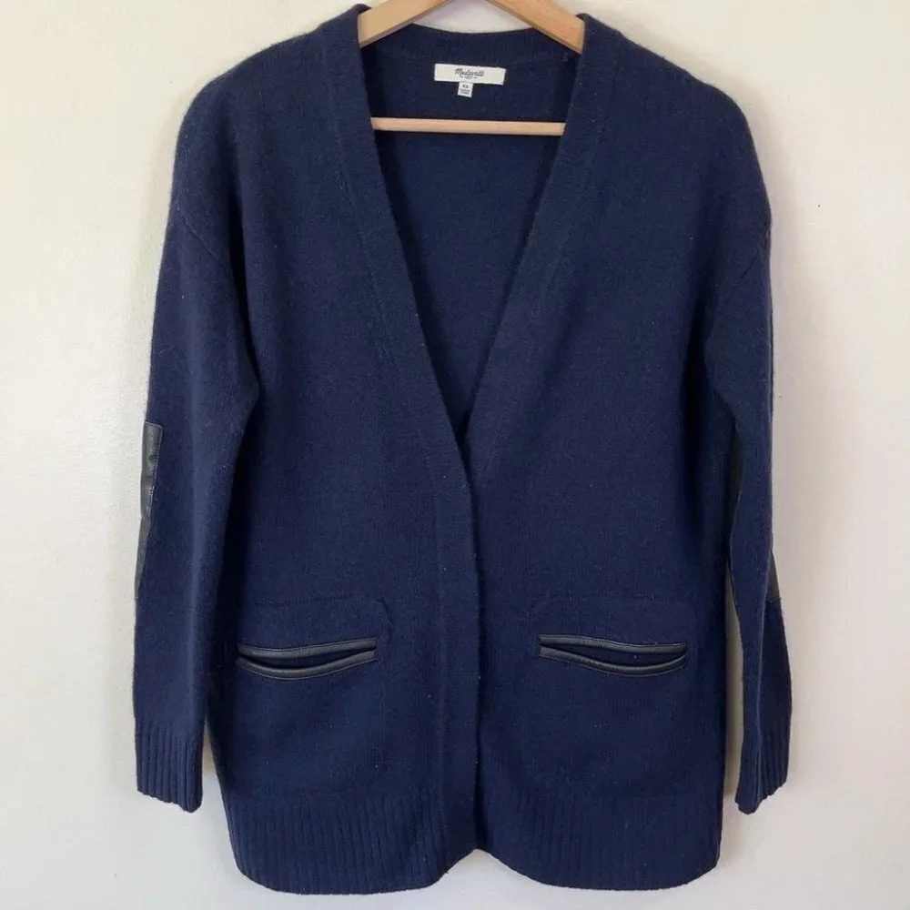 Madewell Lambswool Leather Trim Navy Cardigan